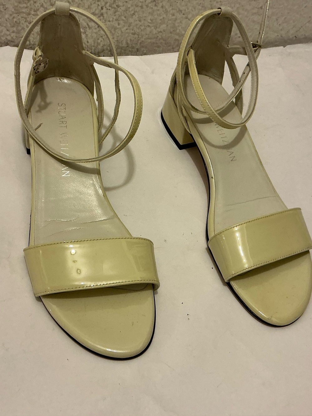 Stuart Weitzman Pale Yellow Patent Ankle-Strap Sandals 7N